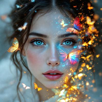 The primary subject of the image is a woman with blue eyes and a pink lipstick. She is surrounded by a variety of butterflies, which are the main objects in the scene. The setting is a bright and colorful environment, likely a digital art or illustration. The visual style is artistic and vibrant, with the woman's face and the butterflies creating a lively and captivating atmosphere.